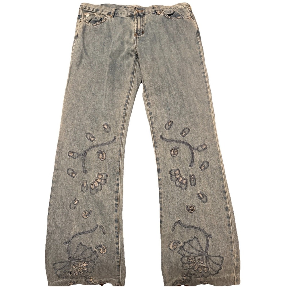 Vtg Y2K Denim Floral Jeans Sz 31 Hippie Boho Flare Festival Cutout Low Rise